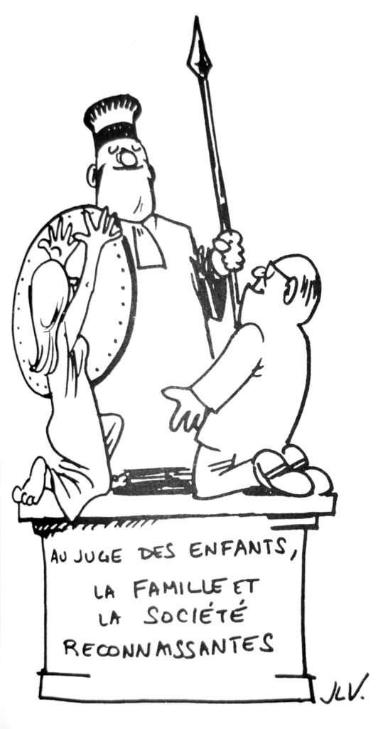 J.L.V., Caricature « Au juge des enfants », dans La Gazette Parallèle, n° 16, octobre-novembre 1979 (Bibliothèque de droit de l’UCL).