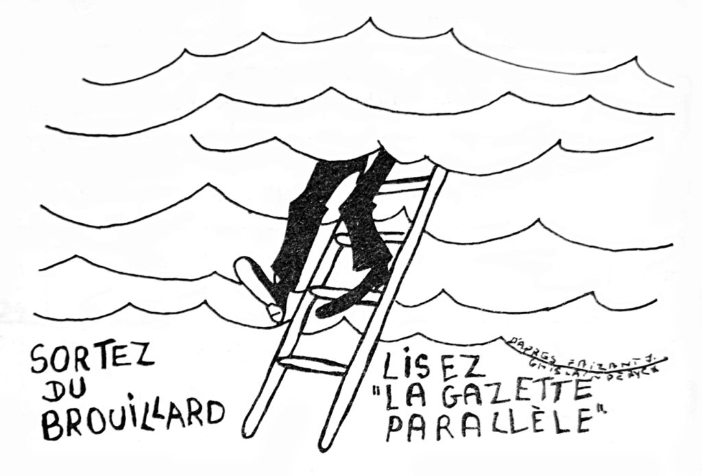 Caricature « Sortez du brouillard » pour promouvoir le journal, dans La Gazette Parallèle, n° 5, septembre 1978 (Bibliothèque de droit de l’UCLouvain).