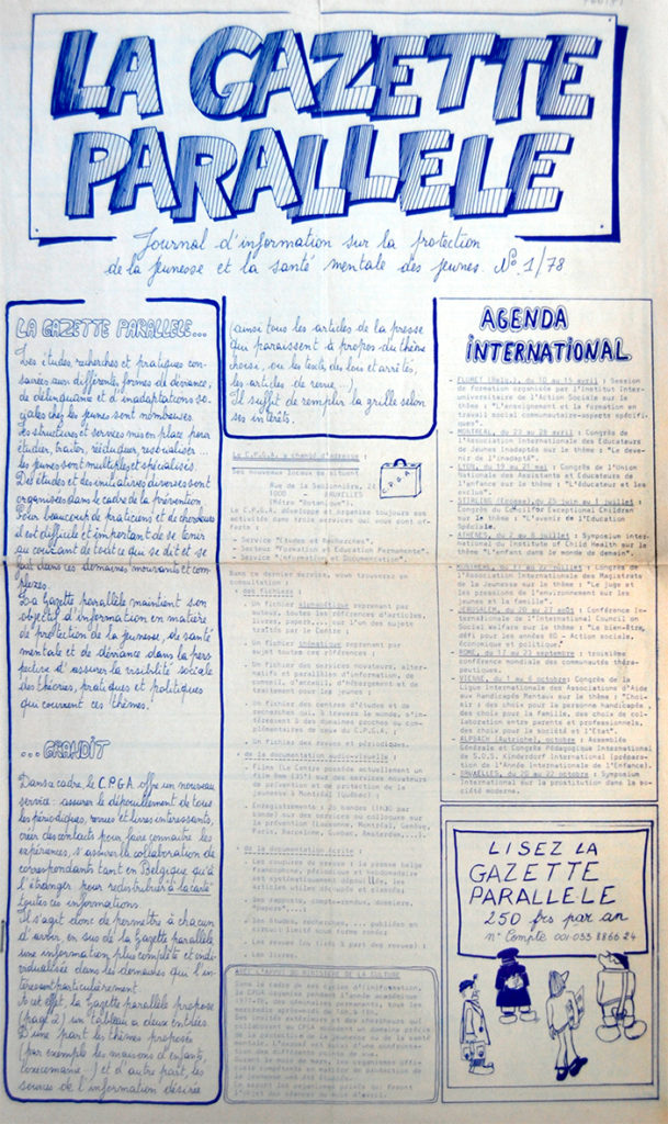 La Une du premier numéro de La Gazette Parallèle, journal d’information de la protection de la jeunesse et la santé mentale des jeunes, n° 1, mars 1978 (Bibliothèque de droit de l’UCLouvain).