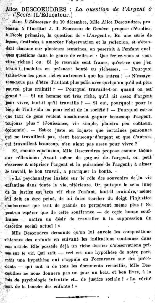 Extrait d’un article sur l’ouvrage d’Alice Descoeudres paru dans Le Nouvel Essor, février 1922, p. 3.