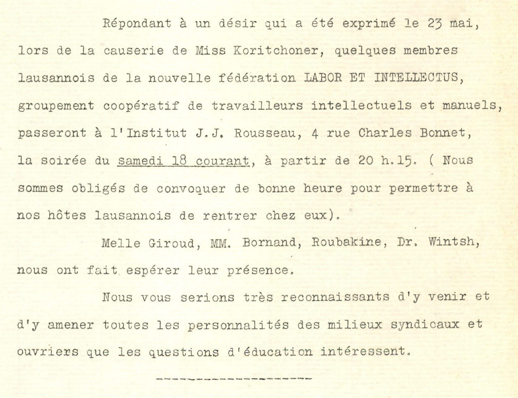« Projet éducation ouvrière », 1927 (BIE, boîte 138, C.5.1.134, vers 1927).